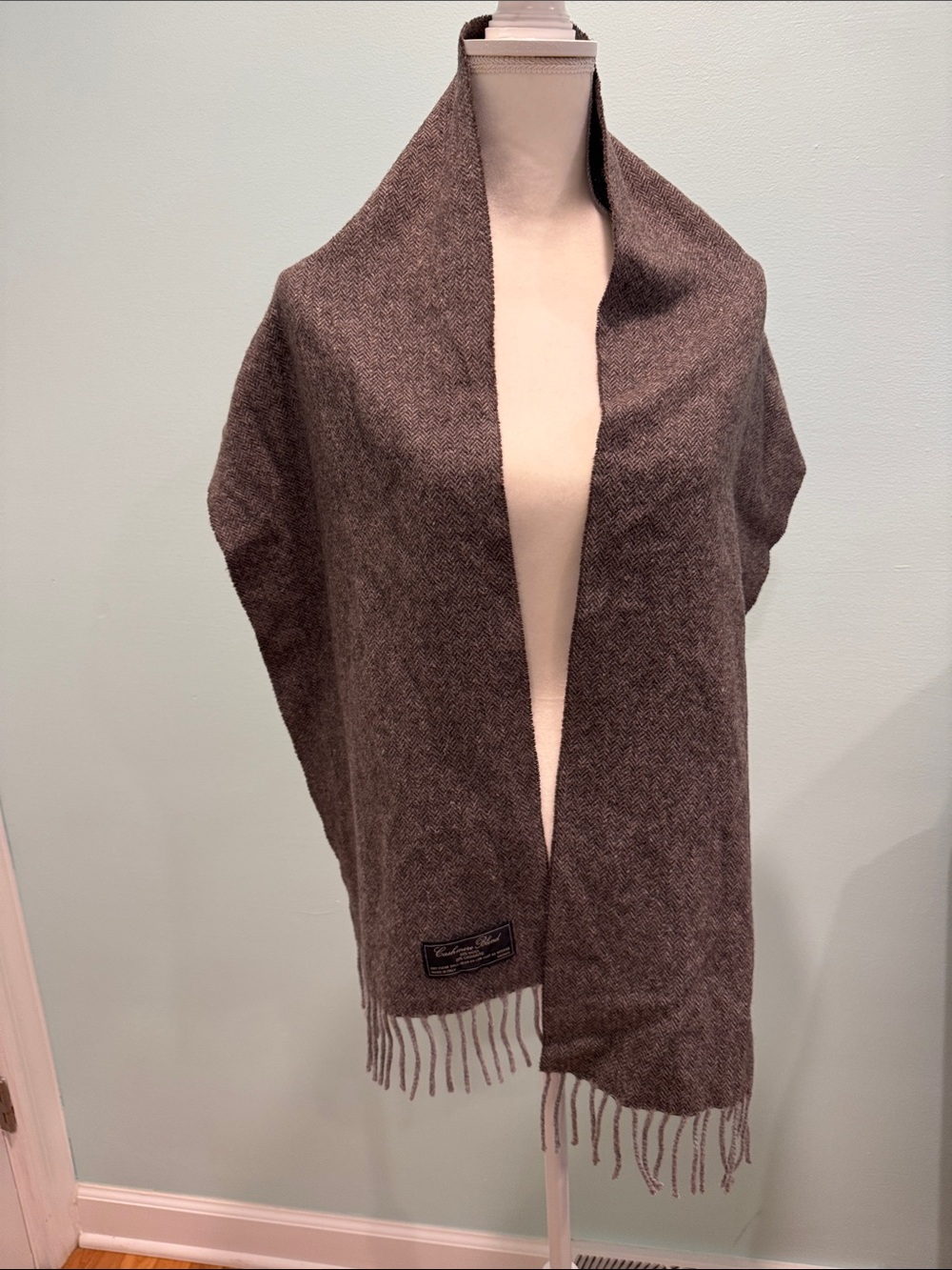 Italy Classic Brown Herringbone Wool Cashmere Fringe Wrap Scarf
